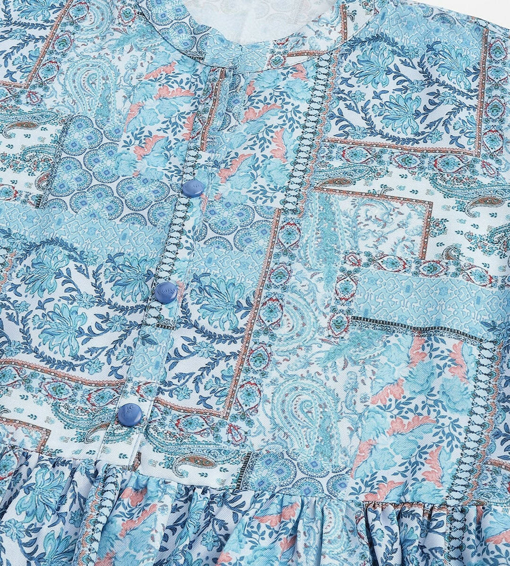 Light Blue Poly Rayon Digital Printed A-line Top - Tarini | Grocsy