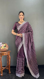 Vastranavya Purple Chinnon Silk Embroidery Multi Sequence & Arco Cut Work Ready to Wear Saree | Grocsy