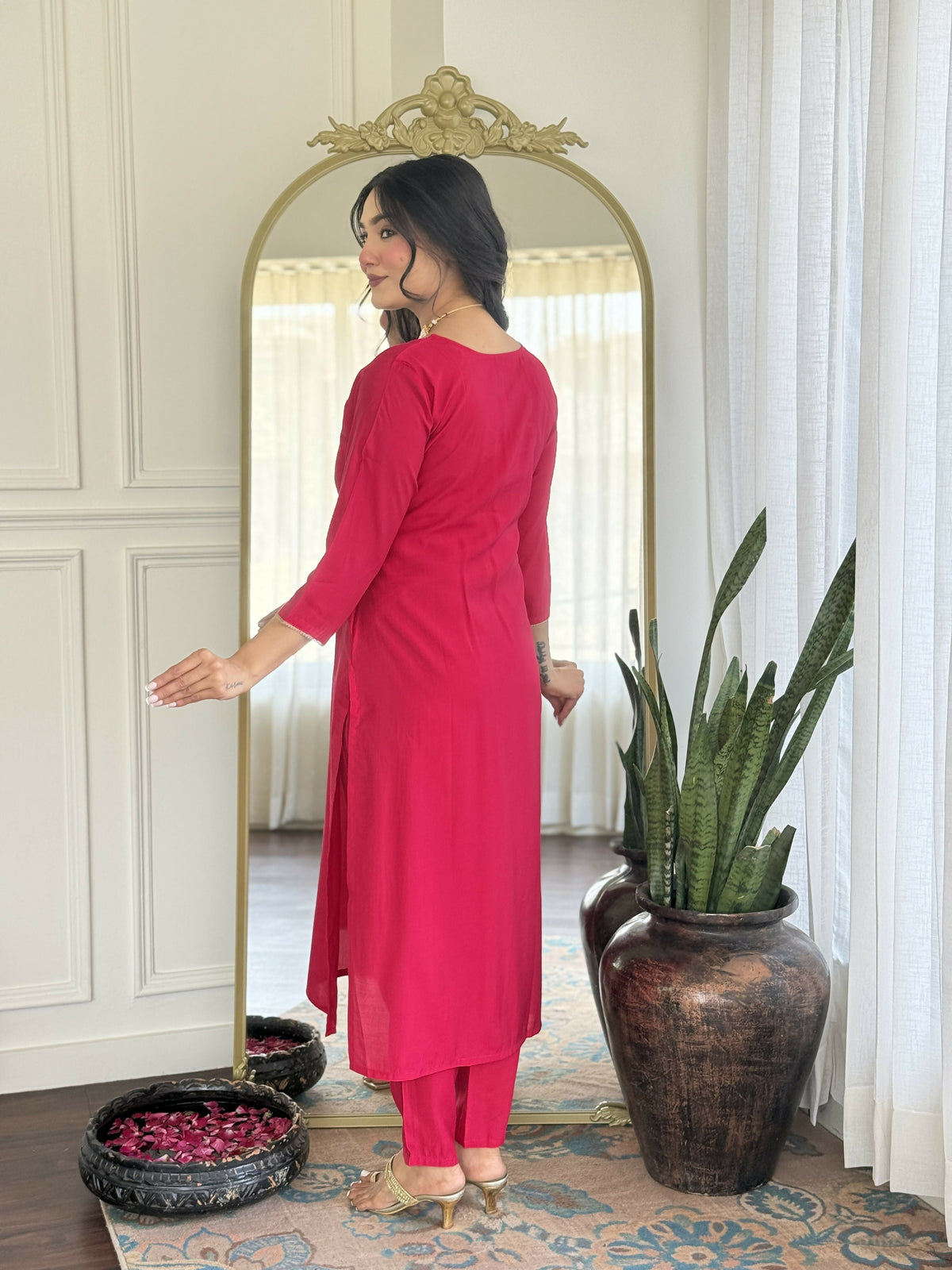 The52 Rani Gorgeous Embroidered Chanderi Silk Fabric Straight Kurta Pant with Dupatta Set | Grocsy