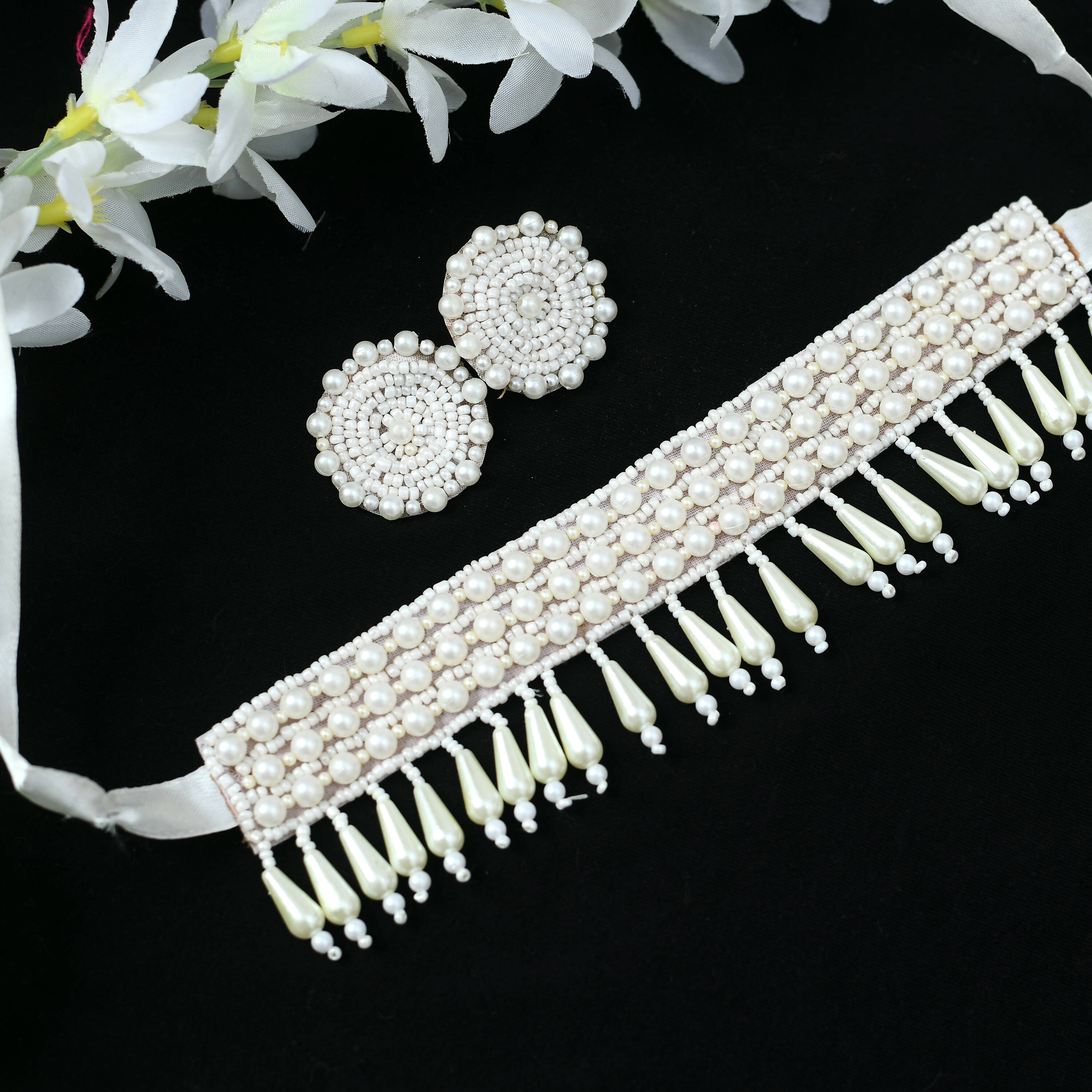 Mominos Fashion Johar Kamal Off White Handicraft Pearls Necklace with Earrings For Women