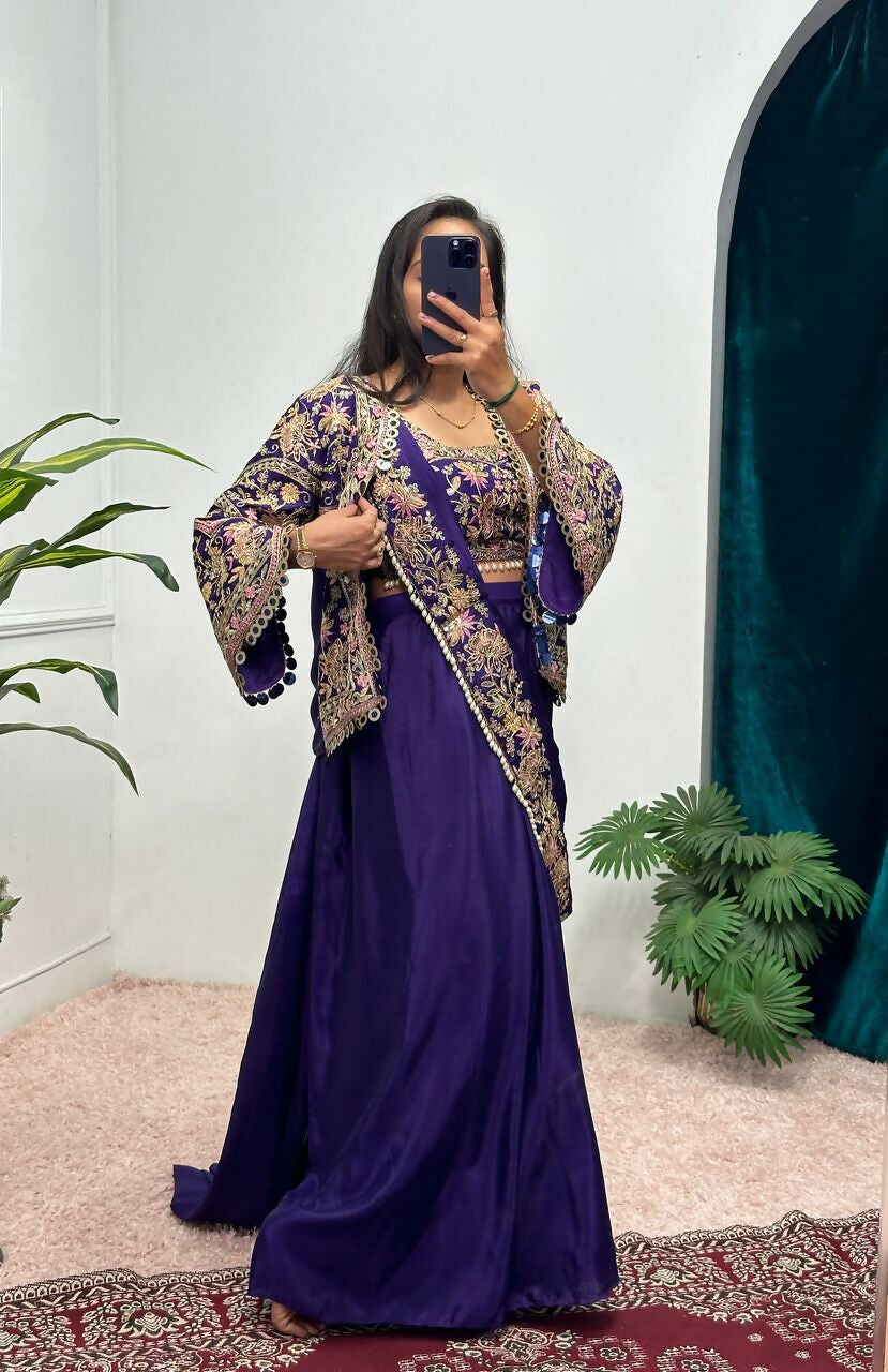 Teeya Creation Purple Color Chinon Silk Embroidery Work Ready To Wear Party Wear Saree With Koti | Grocsy