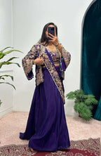 Teeya Creation Purple Color Chinon Silk Embroidery Work Ready To Wear Party Wear Saree With Koti | Grocsy