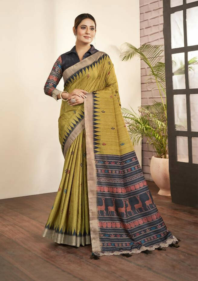Olive Green Bhagalpuri Silk Paisley Print with Hand Mirror work Border Saree - Norita Nirvi | Grocsy