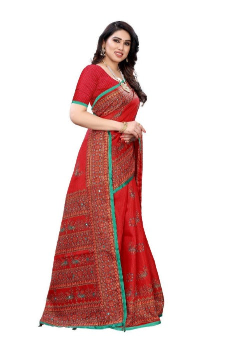 Vamika Red Mirror Work With Jhalar Khadi Silk Saree (AASHI RED) | Grocsy