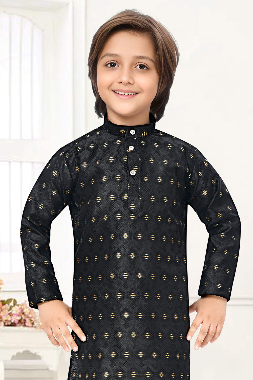 Neera Trendz Black Jacquard Zari Work Kid's Kurta With Pyjama | Grocsy