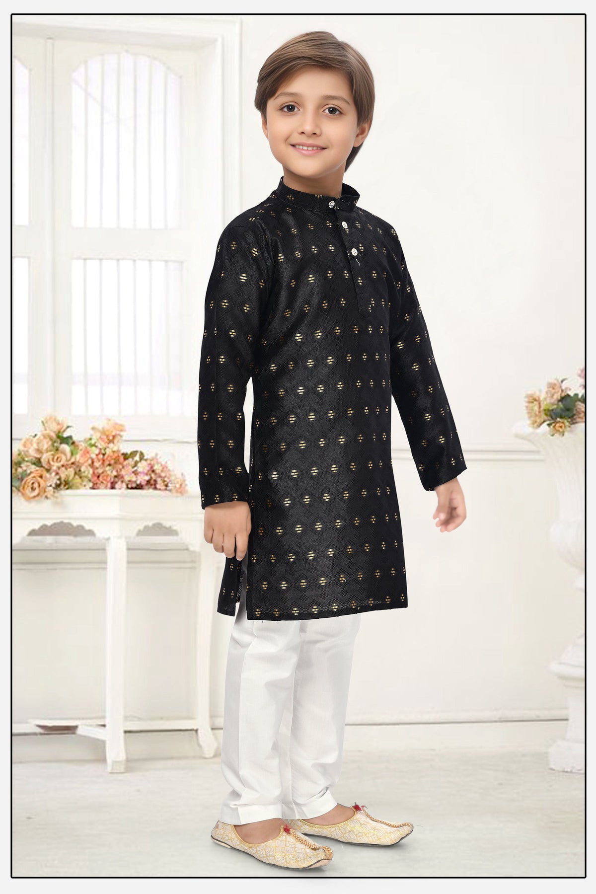 Neera Trendz Black Jacquard Zari Work Kid's Kurta With Pyjama | Grocsy