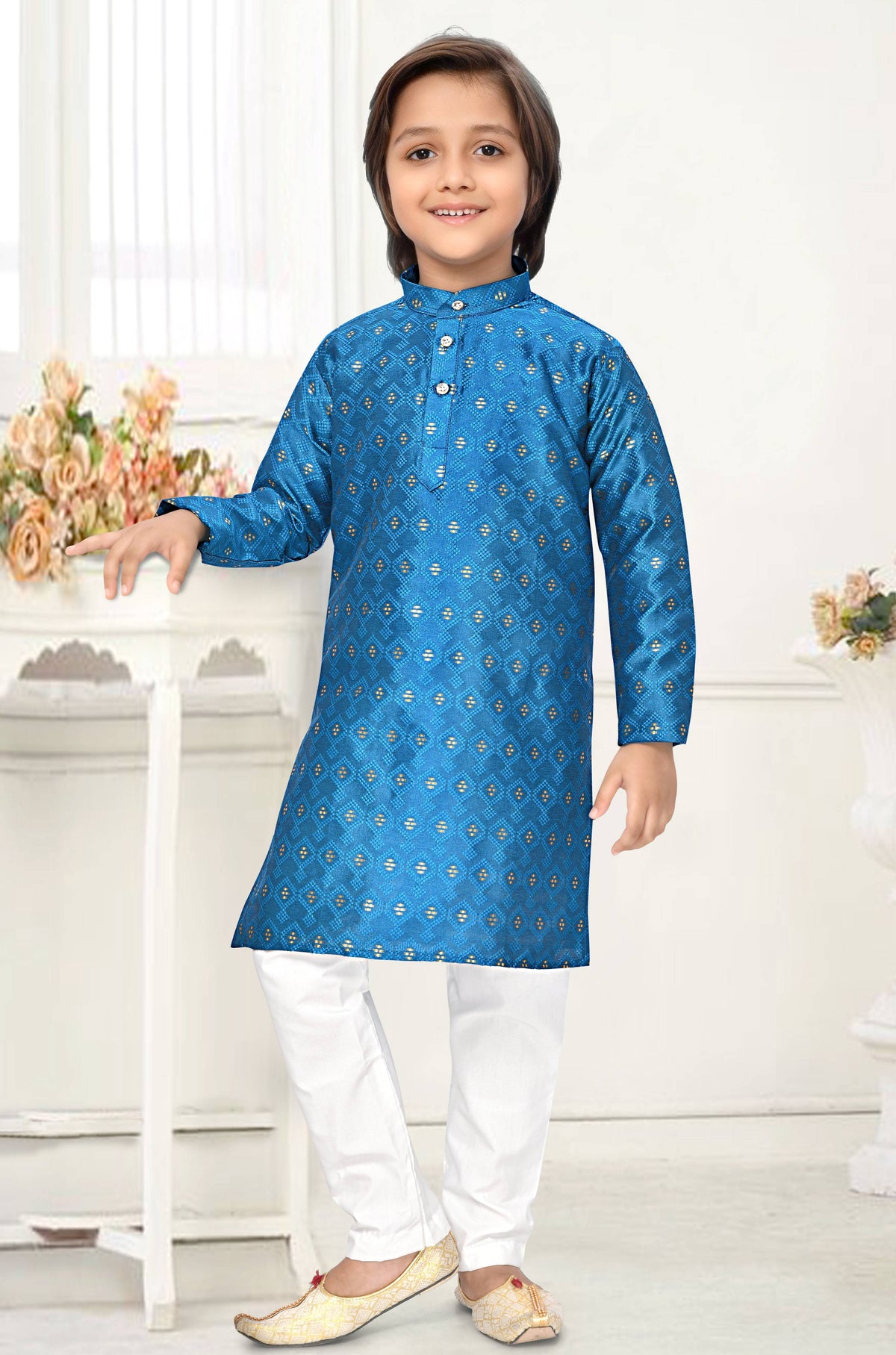 Neera Trendz Blue Jacquard Zari Work Kid's Kurta With Pyjama | Grocsy