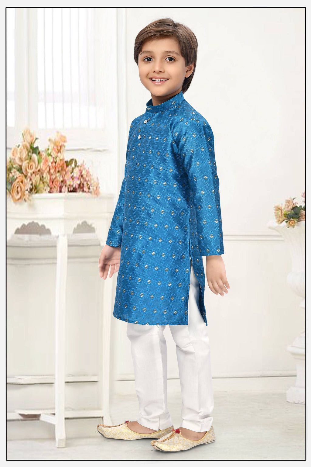 Neera Trendz Blue Jacquard Zari Work Kid's Kurta With Pyjama | Grocsy