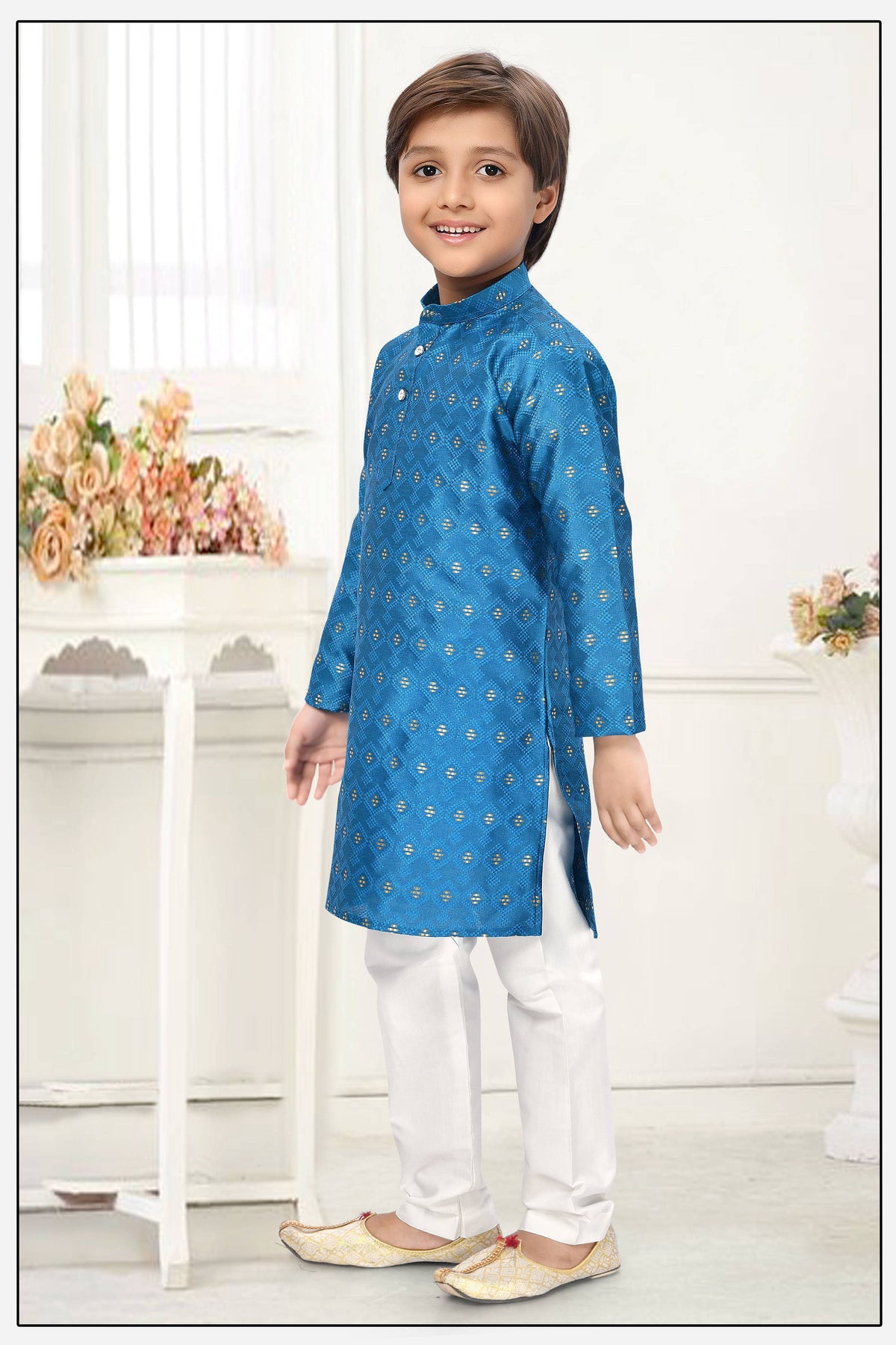 Neera Trendz Blue Jacquard Zari Work Kid's Kurta With Pyjama | Grocsy