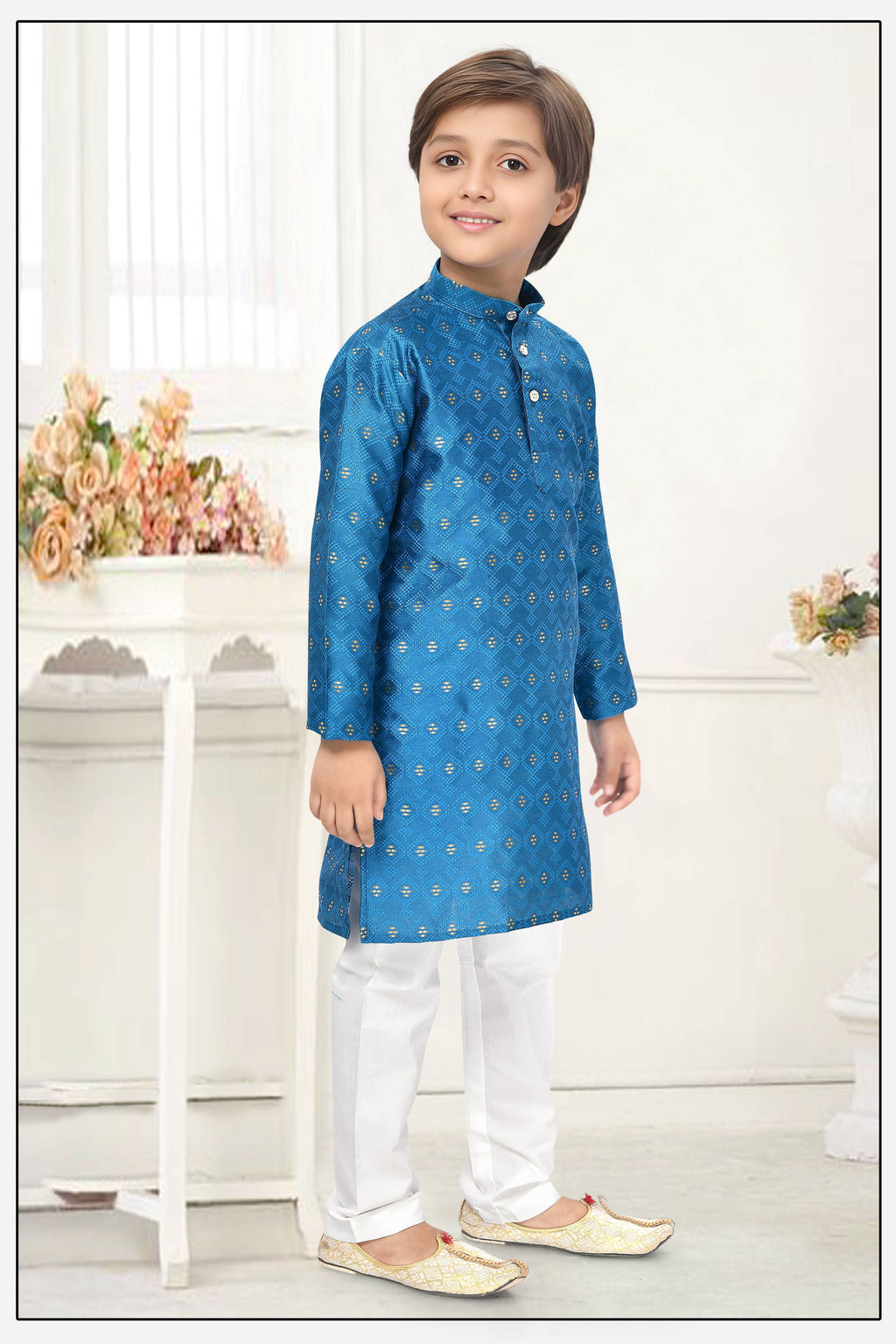 Neera Trendz Blue Jacquard Zari Work Kid's Kurta With Pyjama | Grocsy
