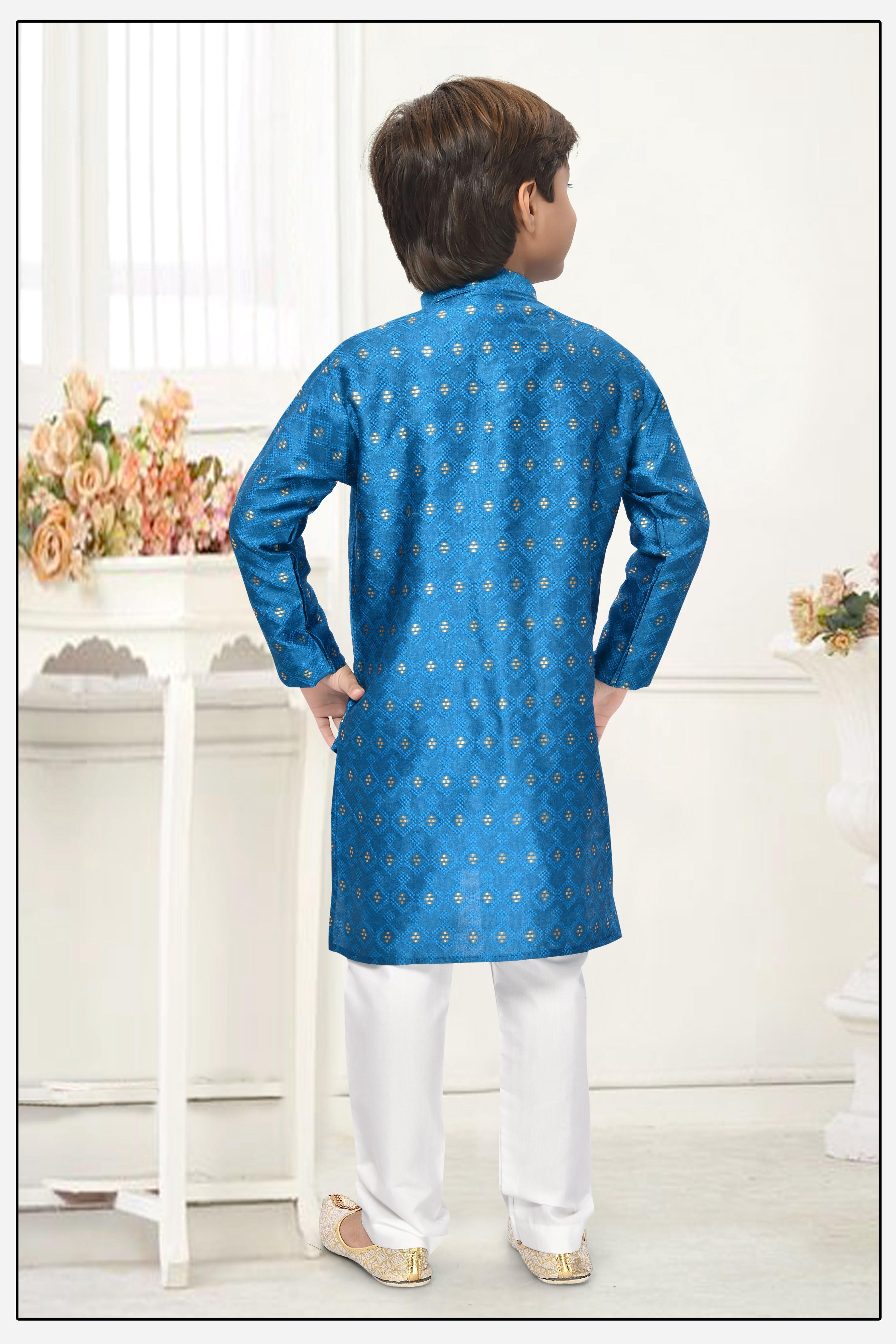 Neera Trendz Blue Jacquard Zari Work Kid's Kurta With Pyjama | Grocsy