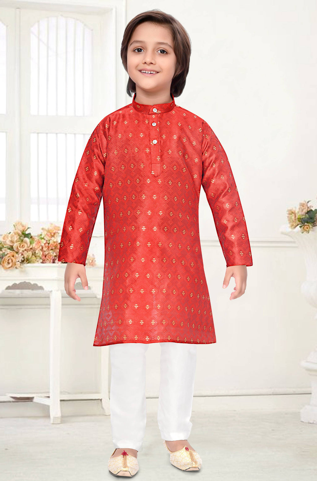 Neera Trendz Orange Jacquard Zari Work Kid's Kurta With Pyjama | Grocsy