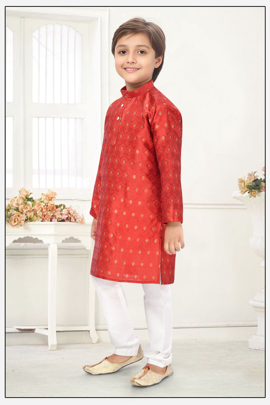 Neera Trendz Orange Jacquard Zari Work Kid's Kurta With Pyjama | Grocsy