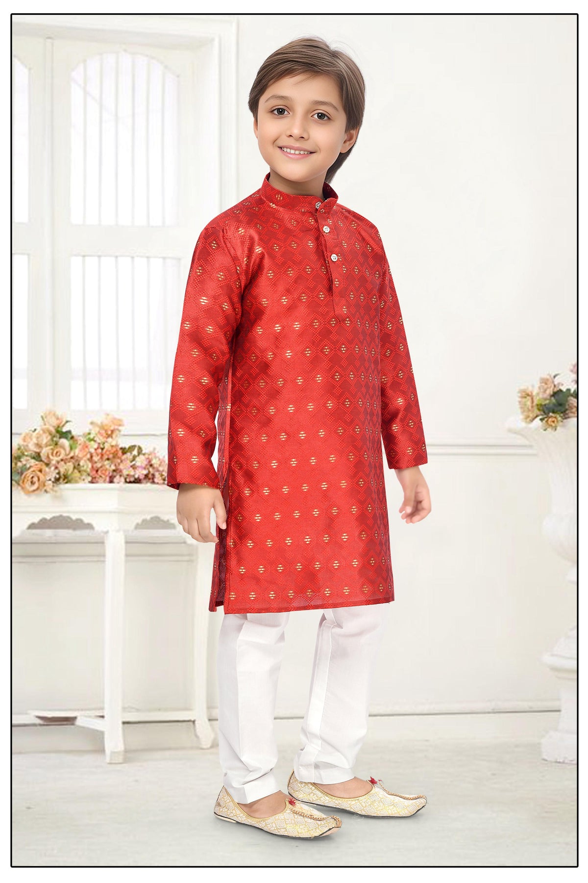 Neera Trendz Orange Jacquard Zari Work Kid's Kurta With Pyjama | Grocsy