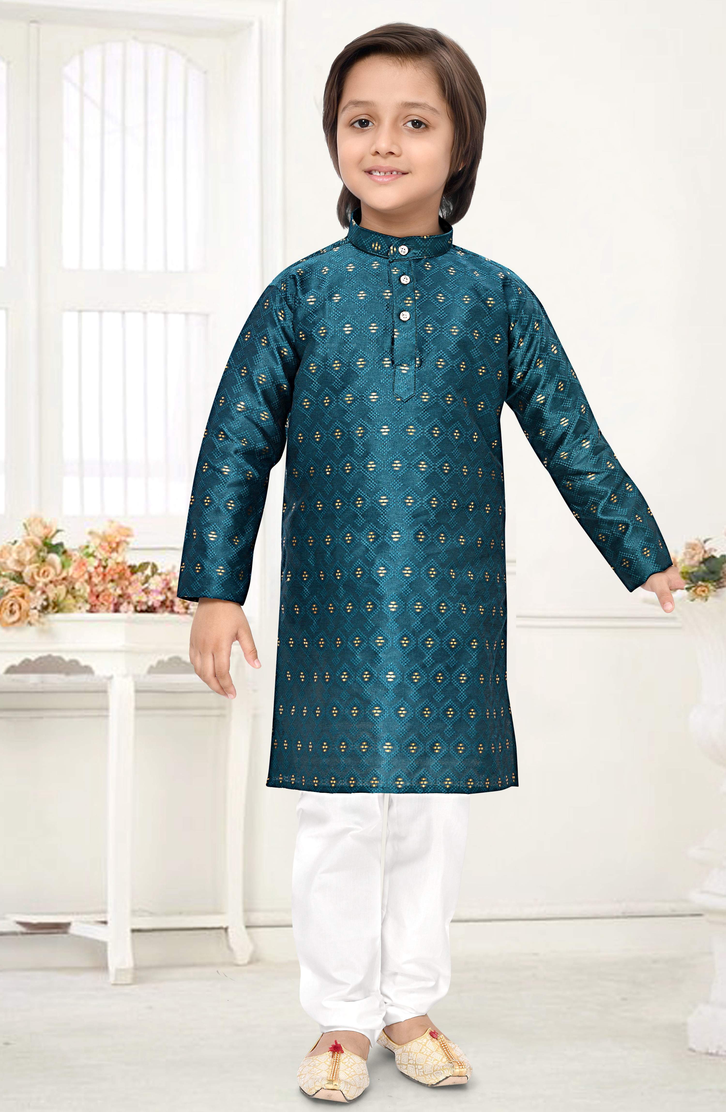 Neera Trendz Rama Jacquard Zari Work Kid's Kurta With Pyjama | Grocsy