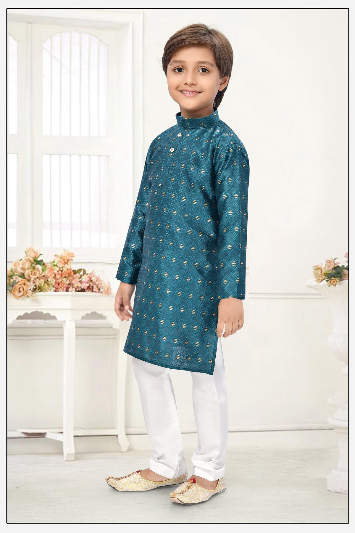 Neera Trendz Rama Jacquard Zari Work Kid's Kurta With Pyjama | Grocsy