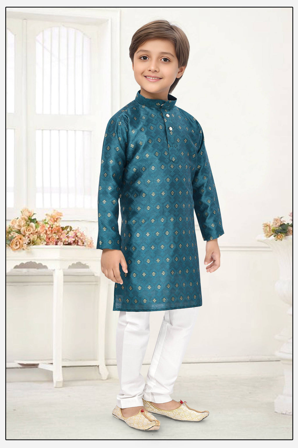 Neera Trendz Rama Jacquard Zari Work Kid's Kurta With Pyjama | Grocsy
