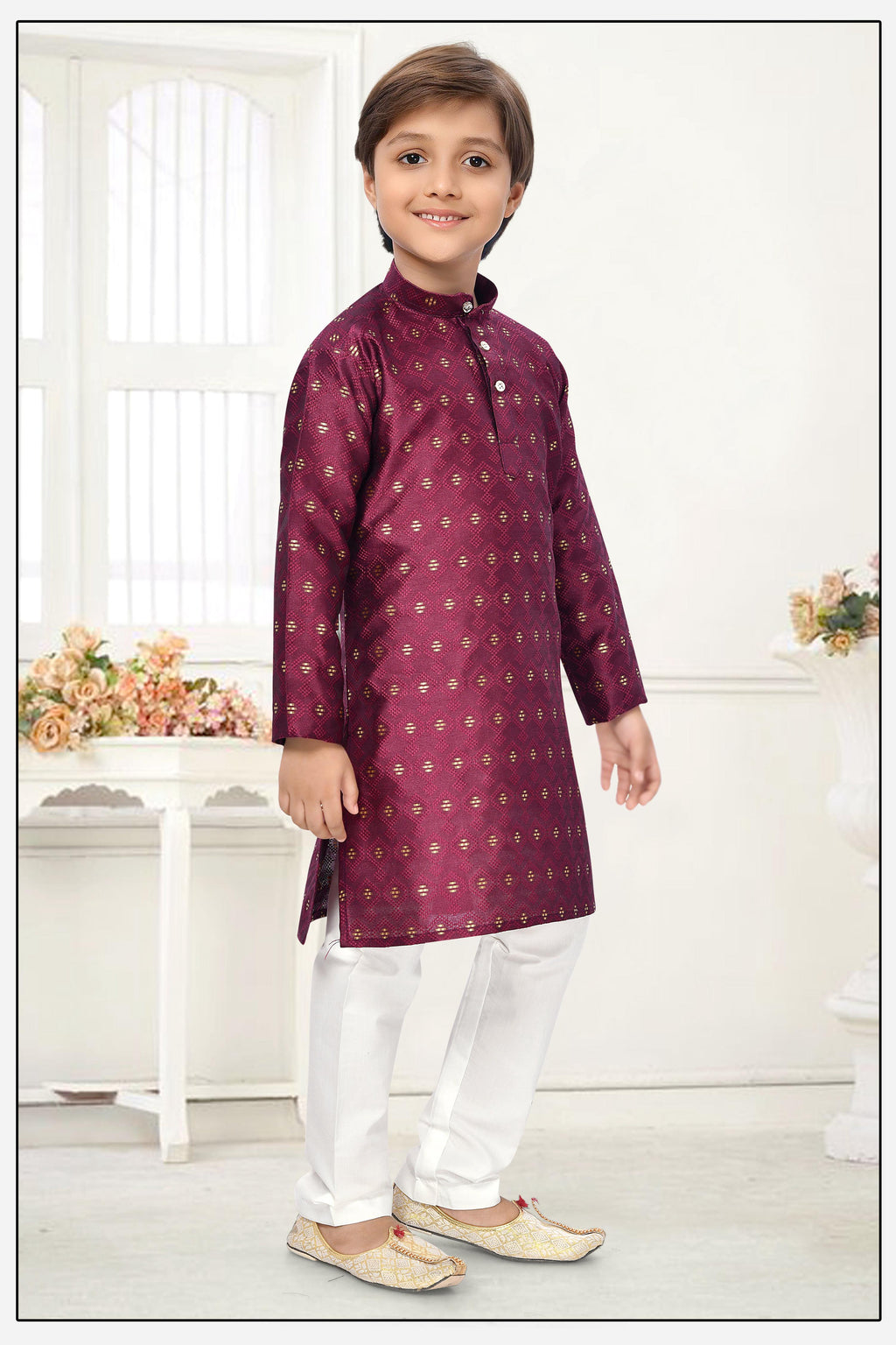 Neera Trendz Wine Jacquard Zari Work Kid's Kurta With Pyjama | Grocsy