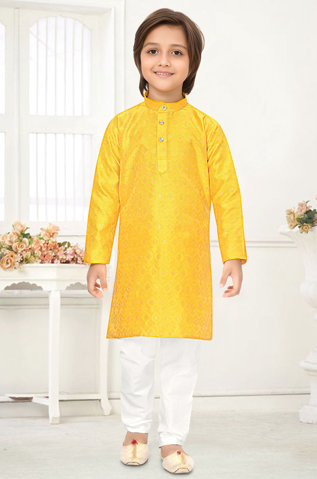 Neera Trendz Yellow Jacquard Zari Work Kid's Kurta With Pyjama | Grocsy