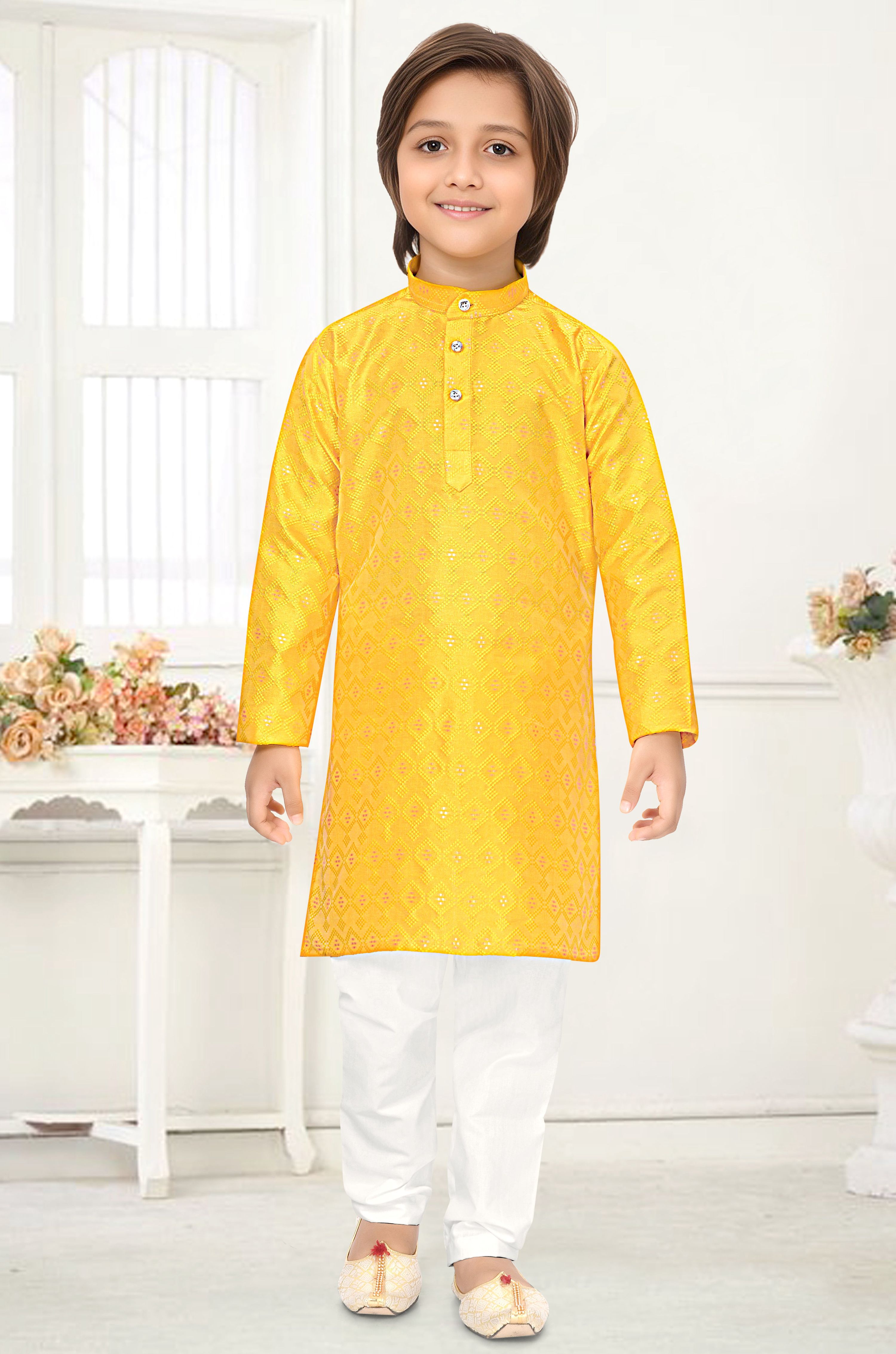 Neera Trendz Yellow Jacquard Zari Work Kid's Kurta With Pyjama | Grocsy