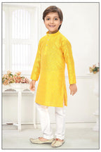 Neera Trendz Yellow Jacquard Zari Work Kid's Kurta With Pyjama | Grocsy