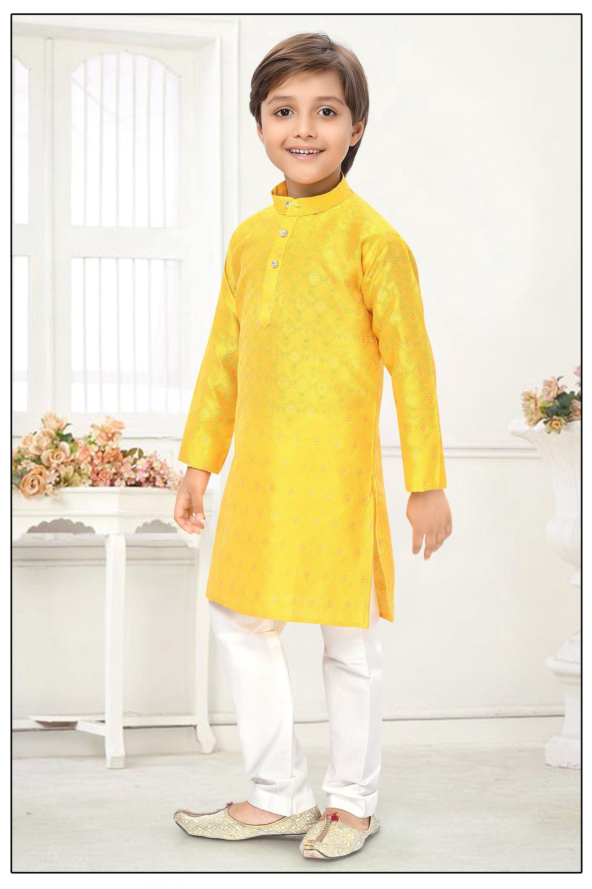 Neera Trendz Yellow Jacquard Zari Work Kid's Kurta With Pyjama | Grocsy