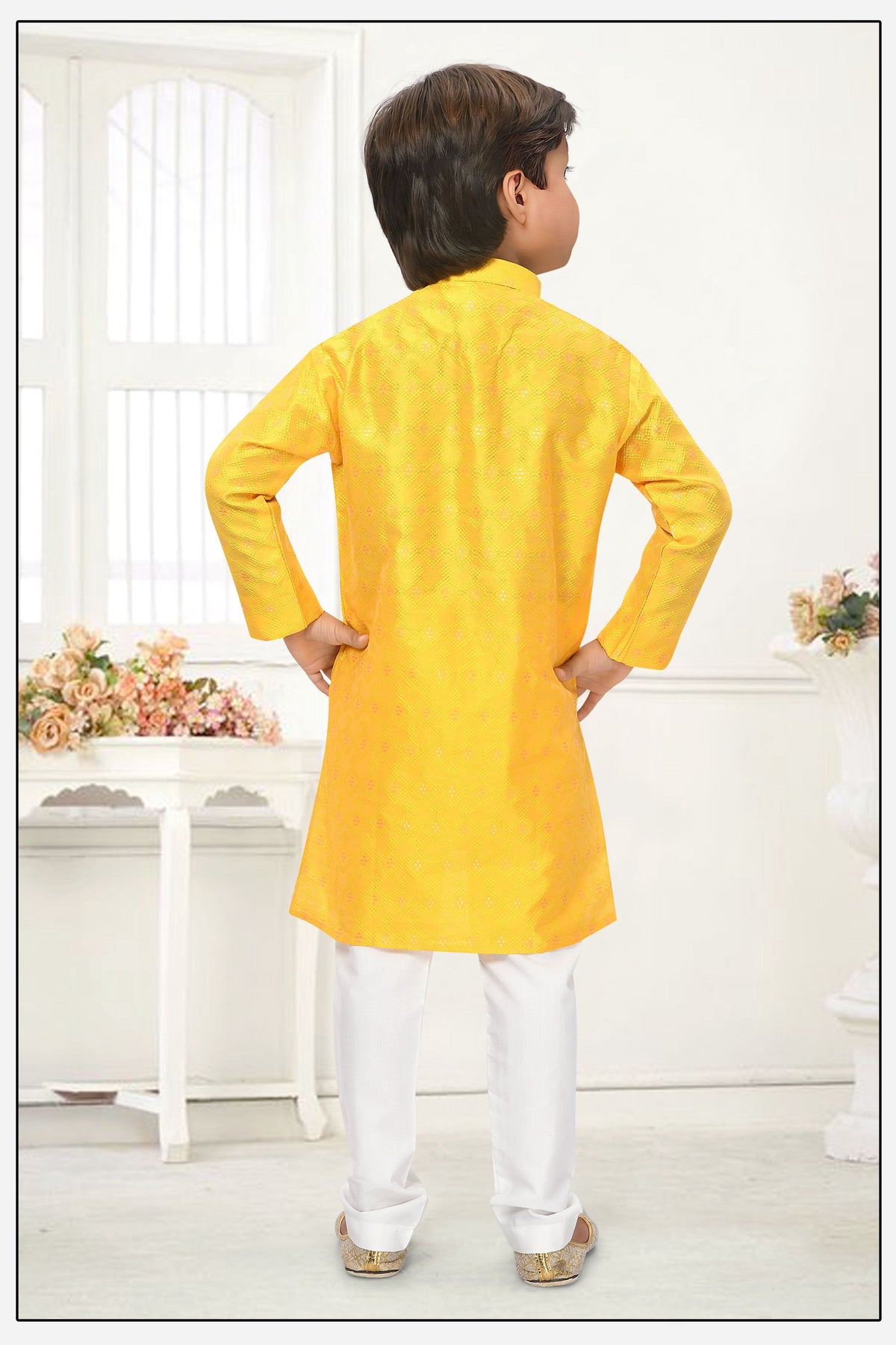 Neera Trendz Yellow Jacquard Zari Work Kid's Kurta With Pyjama | Grocsy