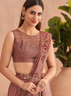 Pink Satin Embroidered Ready To Wear Saree With Unstitched Blouse Piece - Nandika | Grocsy