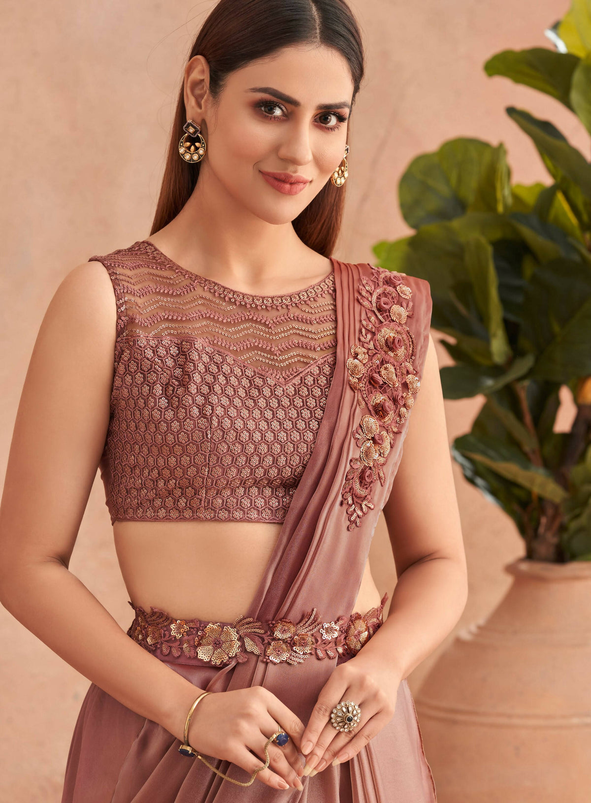 Pink Satin Embroidered Ready To Wear Saree With Unstitched Blouse Piece - Nandika | Grocsy