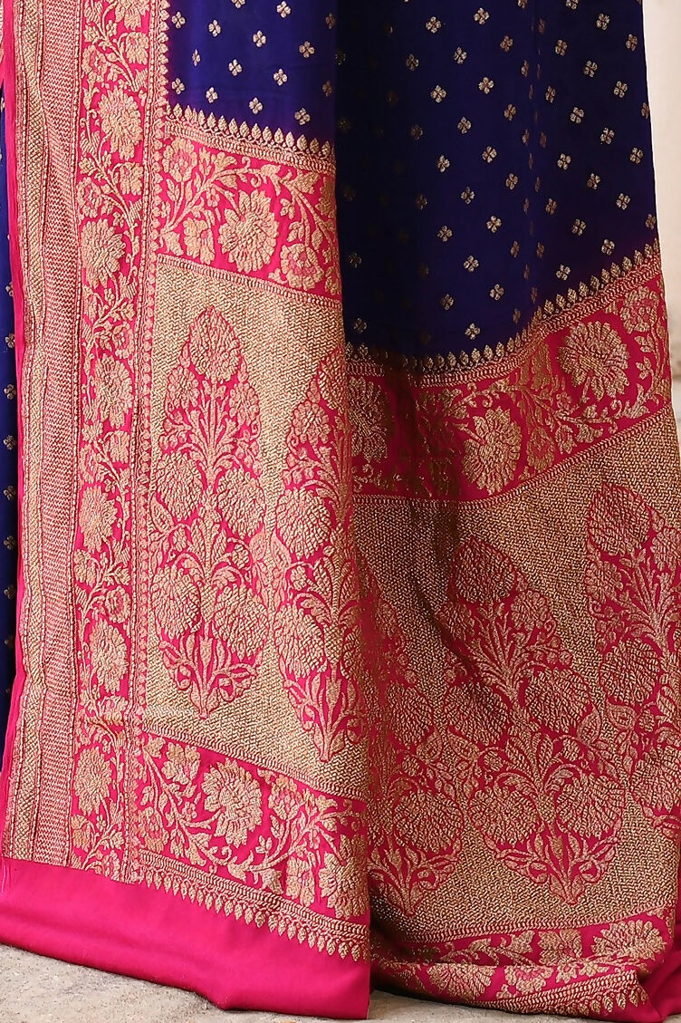 Joban Fashion Navy Blue Crepe Chiffon Pure Handloom Banarasi Silk Saree | Grocsy