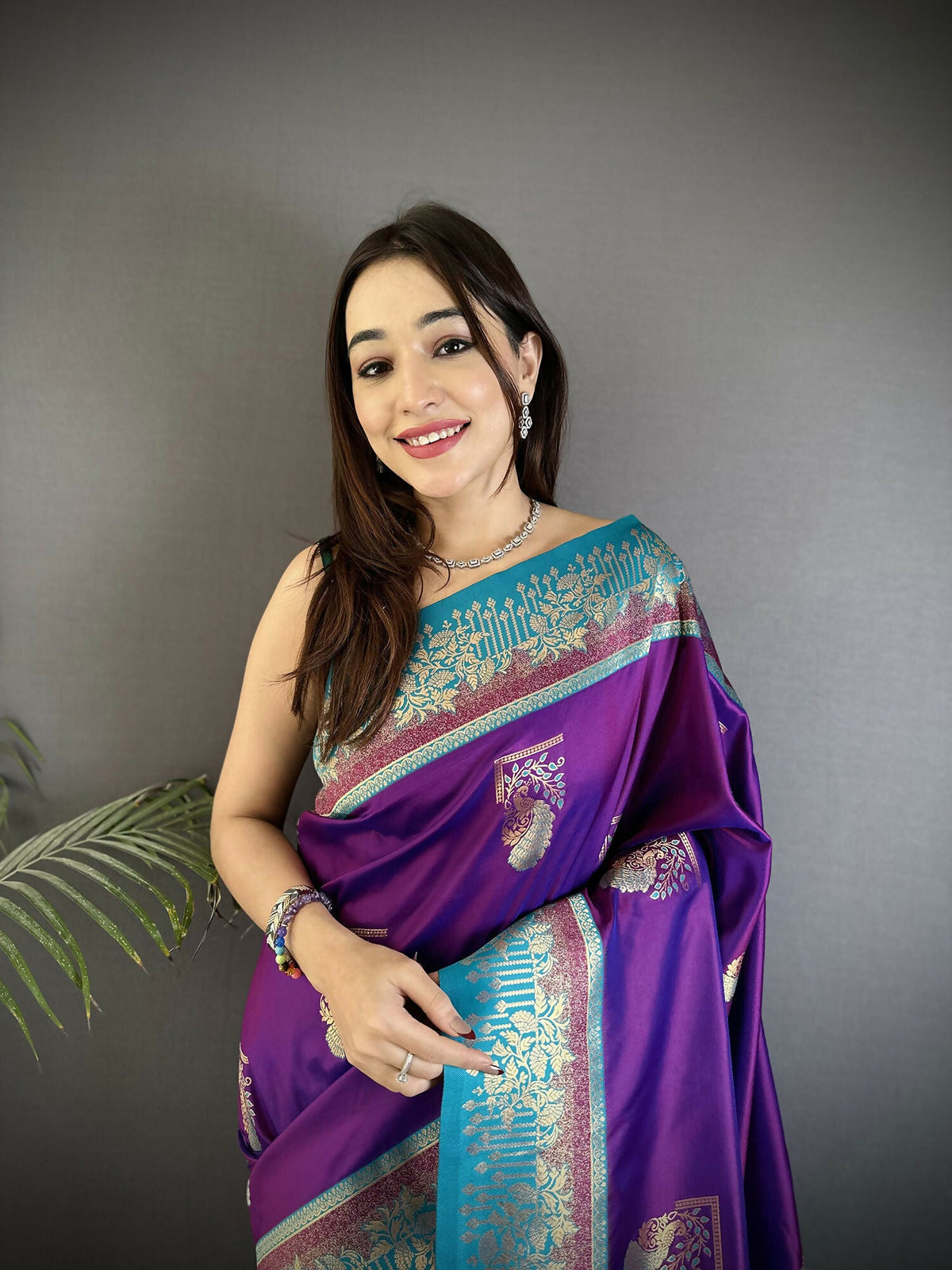 Joban Fashion Purple Banarasi Soft Silk Peacock Butta Work Saree | Grocsy