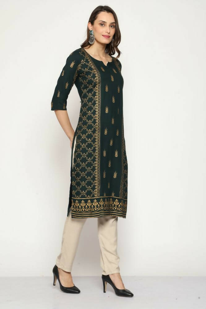 Maai Rayon Hand Printed Kurta Green | Grocsy