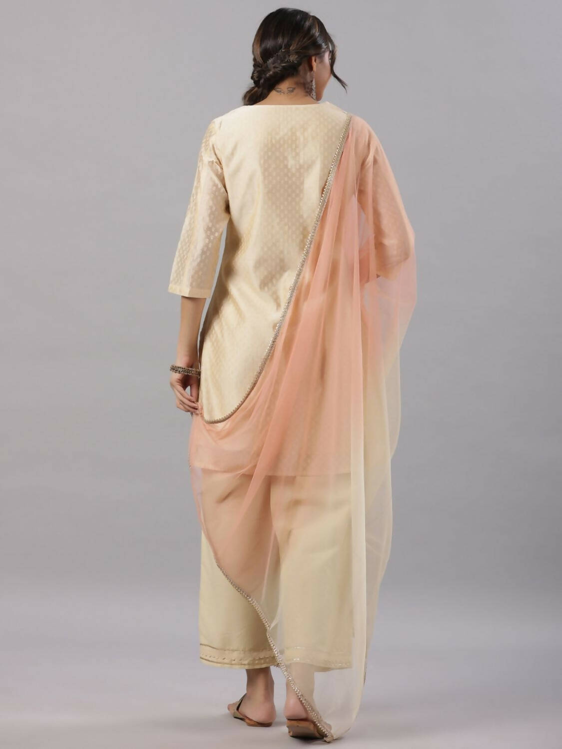Juniper Women Gold Modal Chanderi Embroidered Kurta, Pants and Dupatta Set | Grocsy