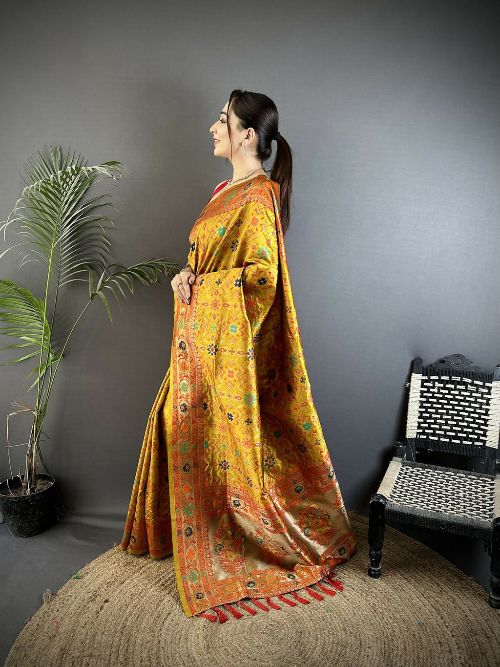 Joban Fashion Golden Yellow Banarasi Soft Silk Woven Saree | Grocsy