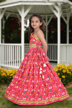 Aayaa Designer Printed Silk Pink Kids Lehenga Choli - Pink | Grocsy