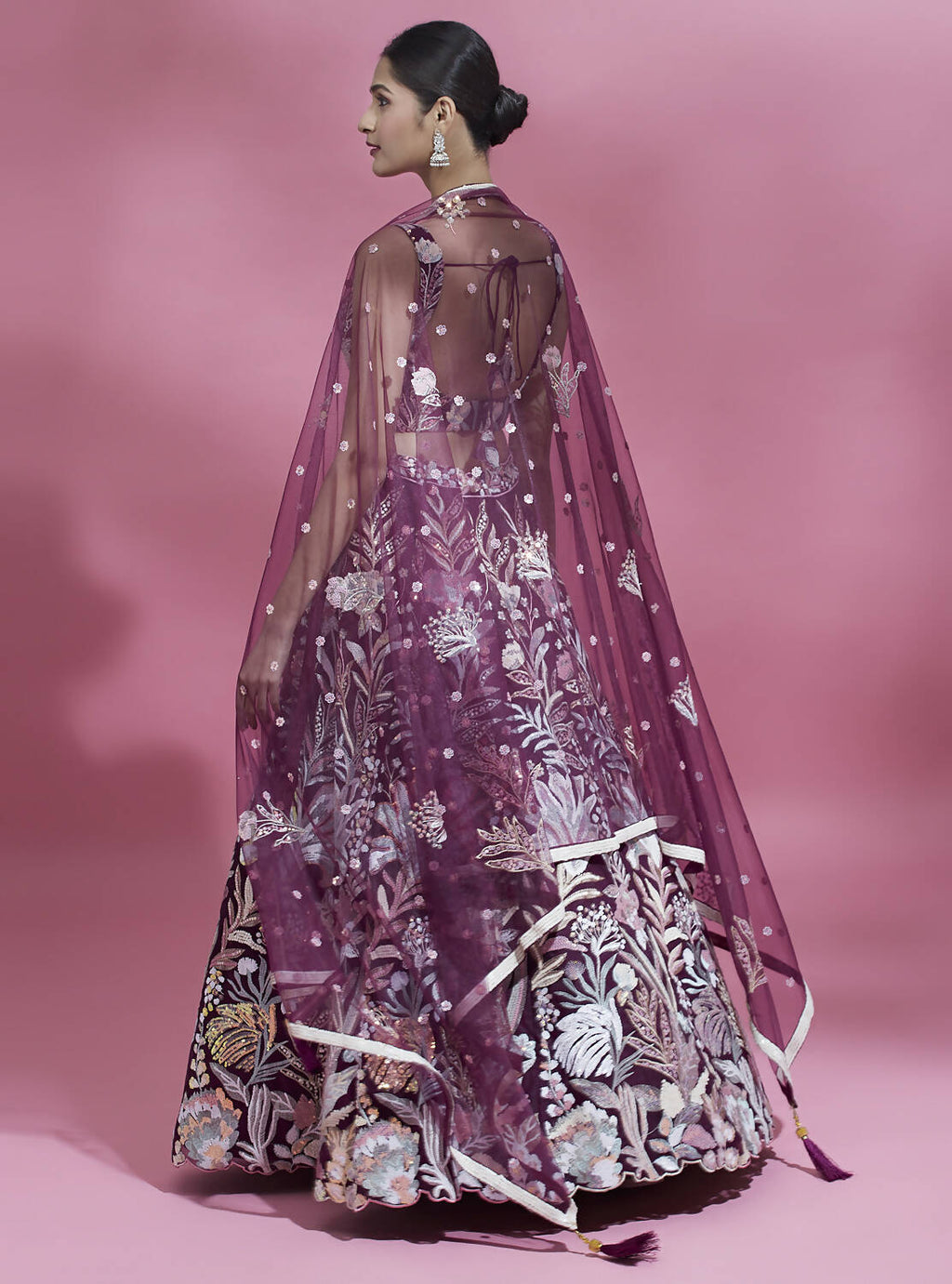 House of Panchhi Burgundy Net Sequinse Work Lehenga & Blouse with Dupatta | Grocsy