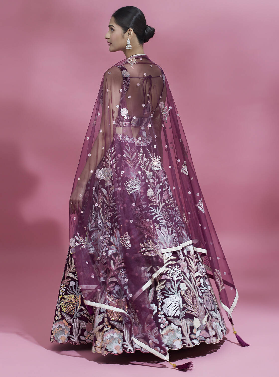 House of Panchhi Burgundy Net Sequinse Work Lehenga & Blouse with Dupatta | Grocsy