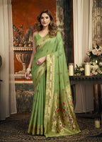 Monjolika Fashion Light Green Kota Silk Blend Paithani Saree with Meenakari Floral Bootis | Grocsy