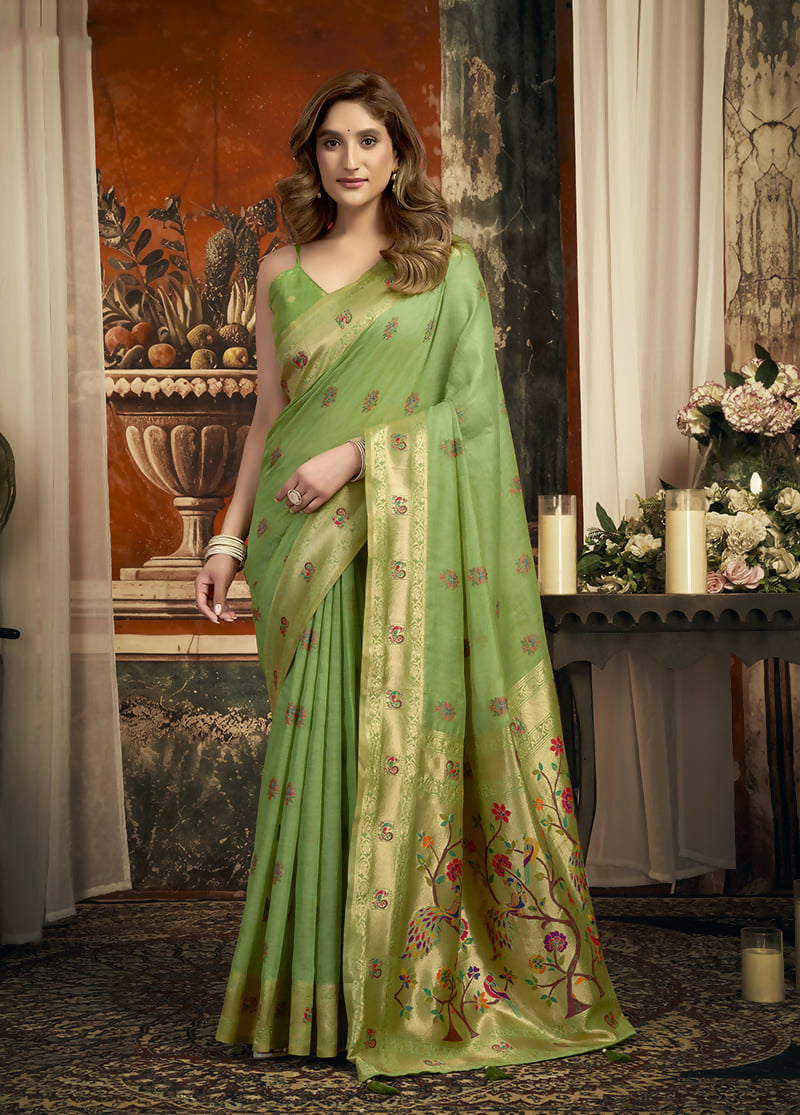 Monjolika Fashion Light Green Kota Silk Blend Paithani Saree with Meenakari Floral Bootis | Grocsy