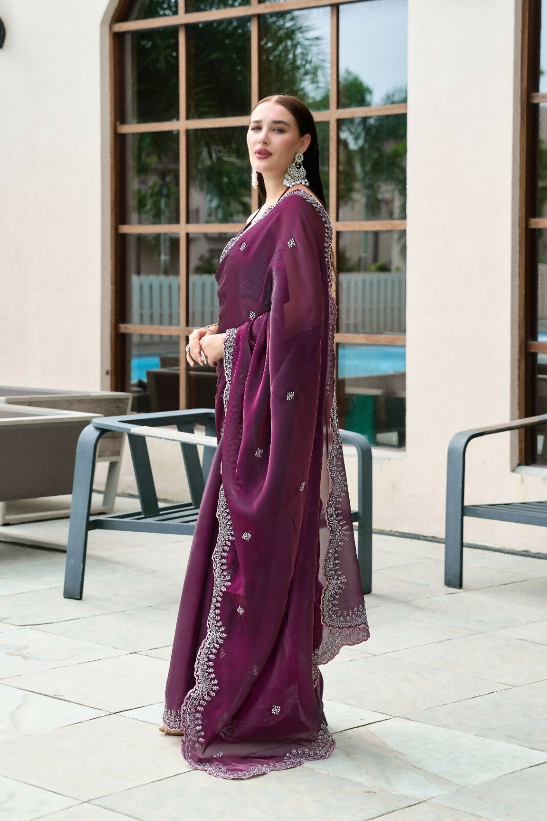Vastranavya Wine Embroidery Work Shimmer Chiffon Saree with Unstitched Blouse | Grocsy