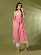 Myshka Women's Pink Solid Georgette Anarkali Party Kurta Set | Grocsy