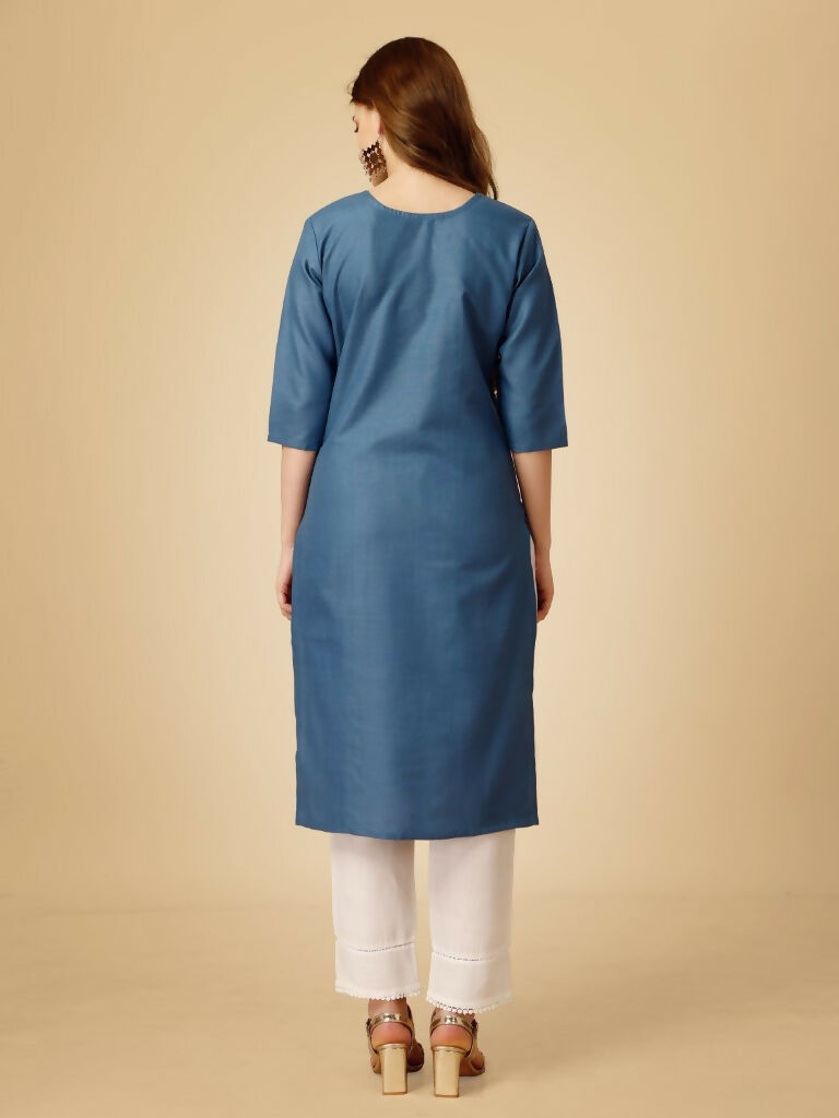 Jyoti Fashion Women's Denim Blue Cotton Blend Embroidered Kurta Pant Set | Grocsy