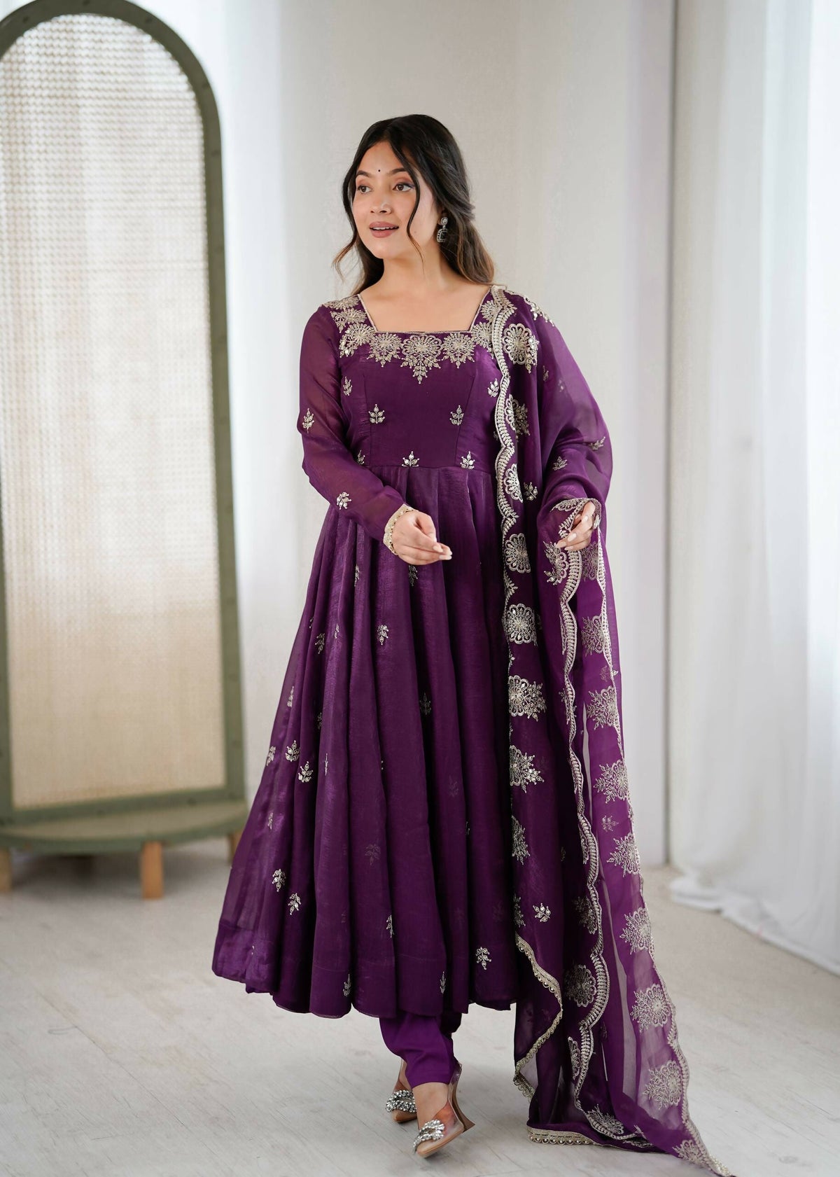 Teeya Creation Wine Color Crunchy Silk Embroidery Work Wedding Wear Gown | Grocsy