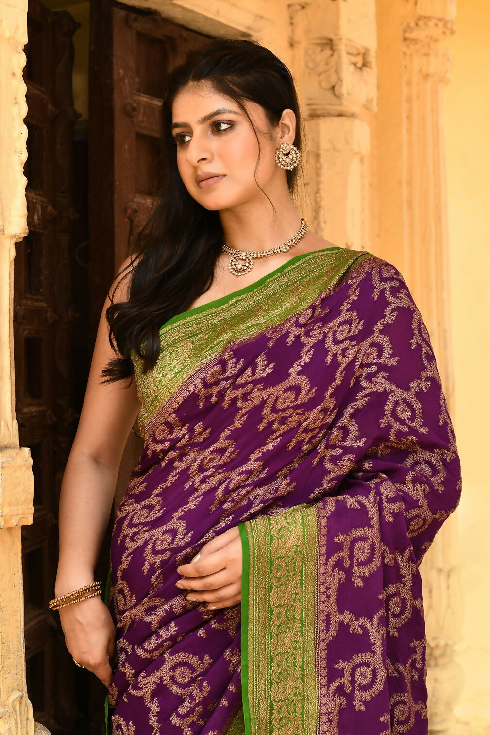 Joban Fashion Purple Crepe Chiffon Pure Handloom Banarasi Silk Saree | Grocsy
