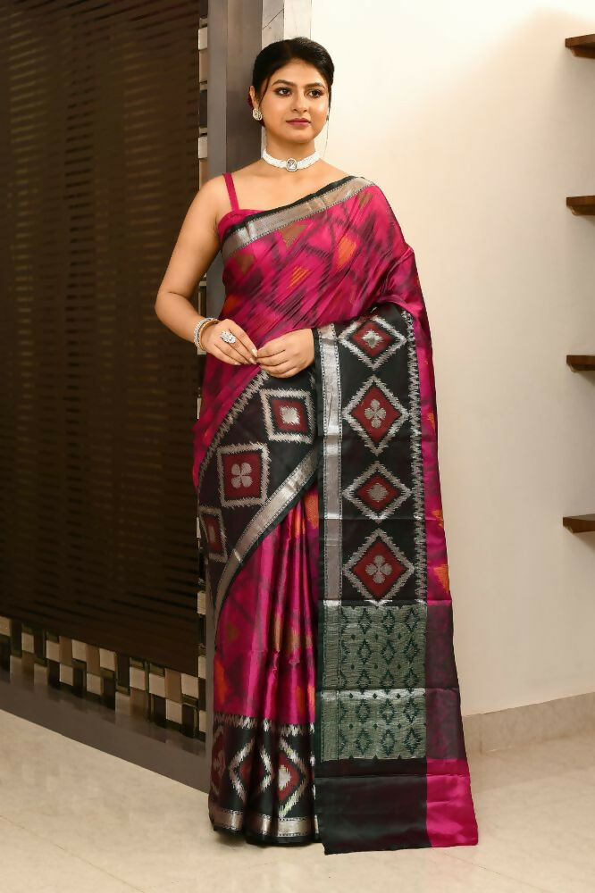 Joban Fashion Black & Pink Saree Kataan Ikkat | Grocsy