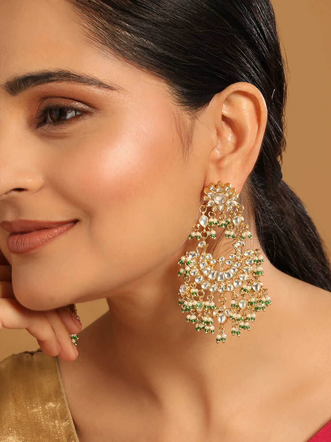 Nuyug 22K Gold-Plated Kundan & Pearl Studded Crescent Shaped Green Beads Chandbalis | Grocsy