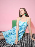 Myshka Women's Blue Floral Printed Fit and Flare Dress | Grocsy
