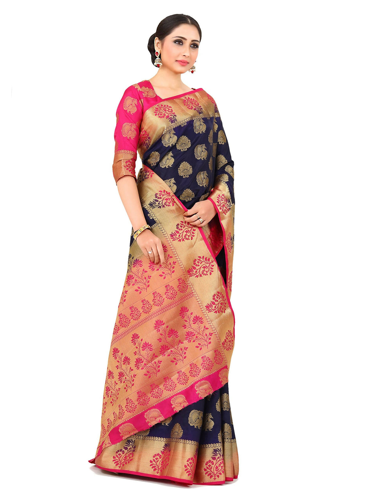 Mimosa Kanchipuram Silk Navy Blue Saree | Grocsy