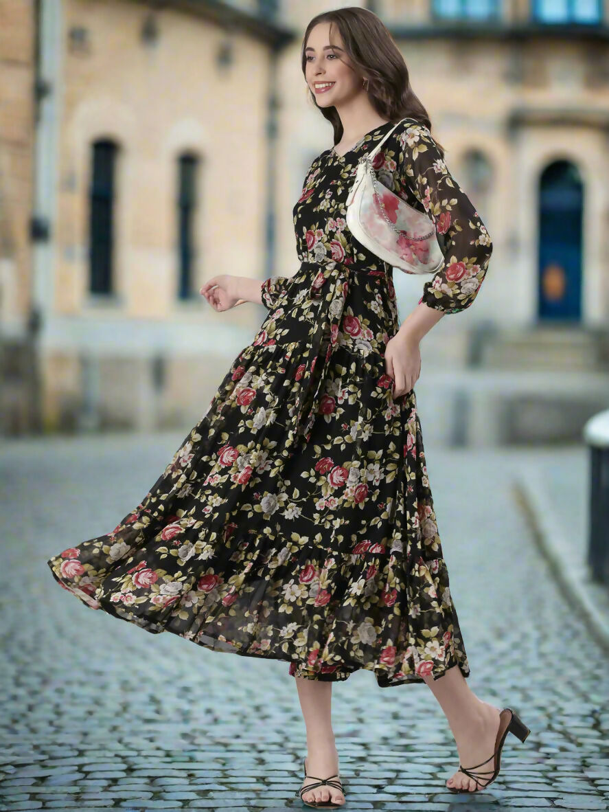 Souchii Black Floral Chiffon Dress | Grocsy