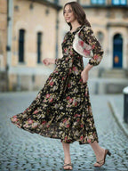 Souchii Black Floral Chiffon Dress | Grocsy